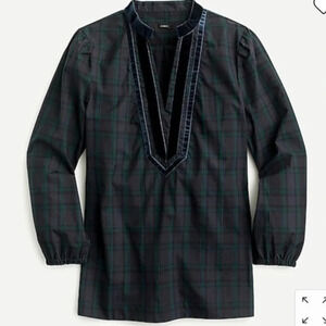 J Crew Velvet Trim Tunic Shirt Black Watch Tartan Plaid AU283